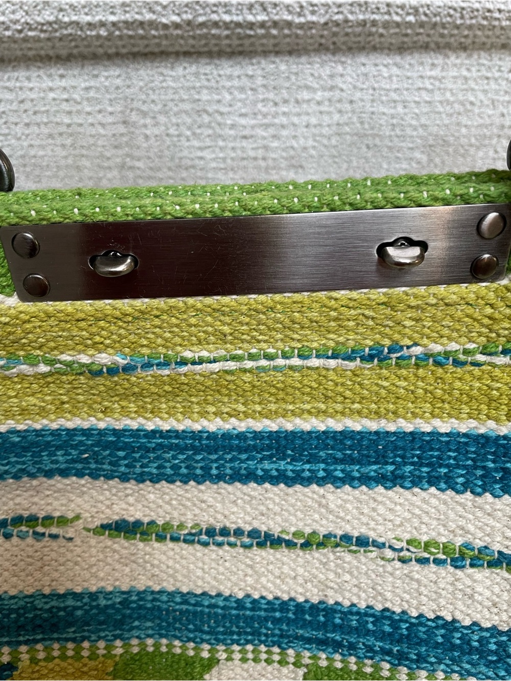 Woven Green & Blue Stripe Tote Bag with Leather Straps - Picture 6 of 15